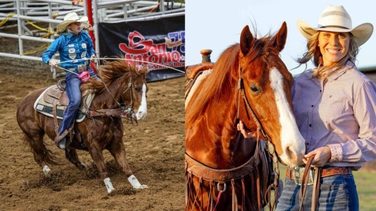 Eine Frau, die auf einem Pferd reitet, neben einer anderen Frau, die einen Cowboyhut trägt und damit eine Verbindung zur Reiterkultur herstellt.